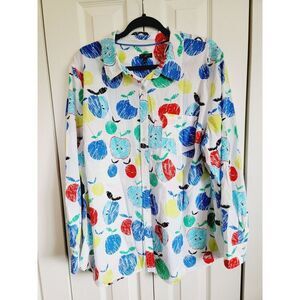 Talbots 2X Apple Print Shirt Women's Size 22/24 Roll Tab Sleeves Teacher‎ Button